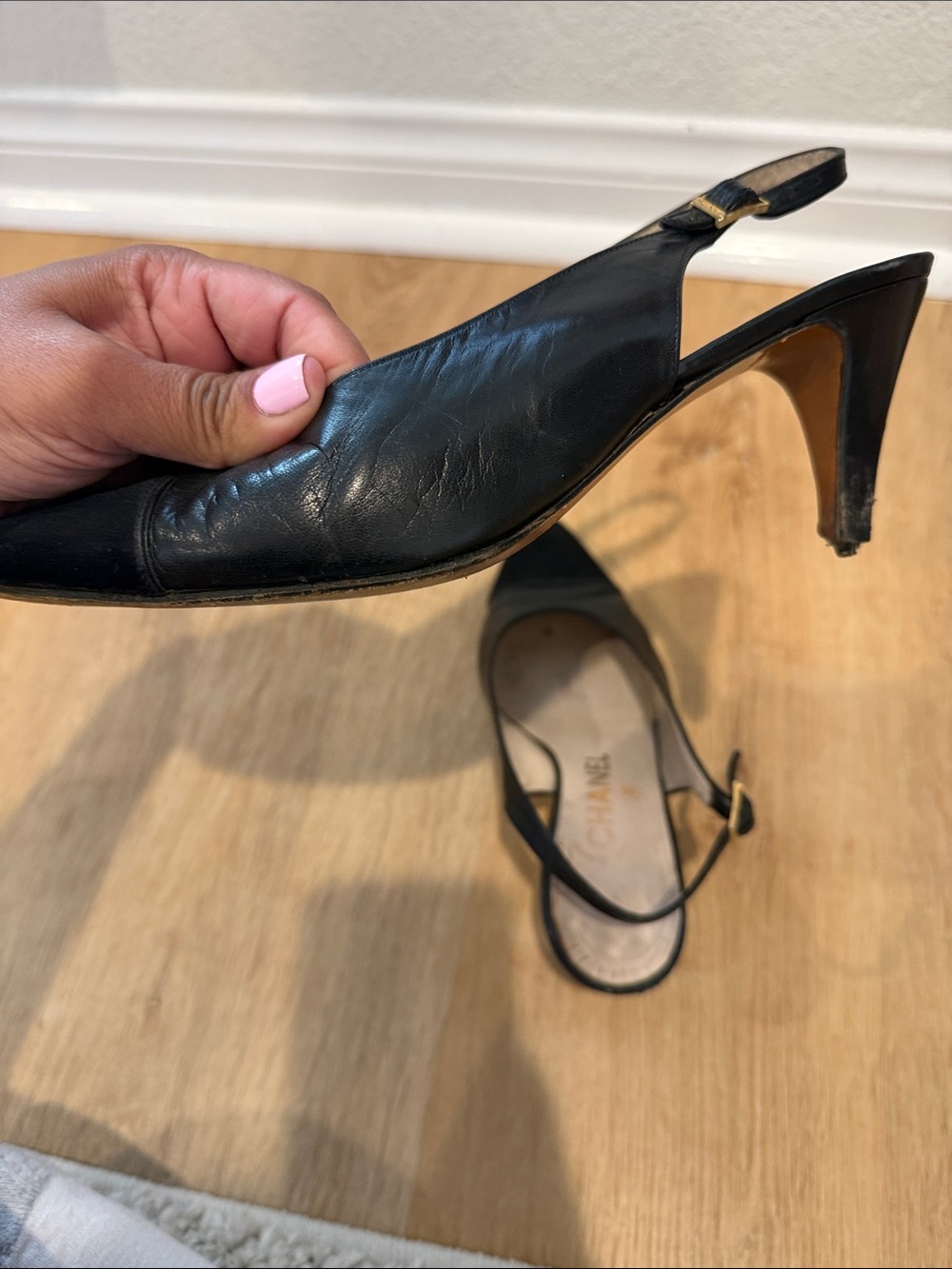 CHANEL Black Leather and Fabric Slingback Pumps - Picture 12 of 15